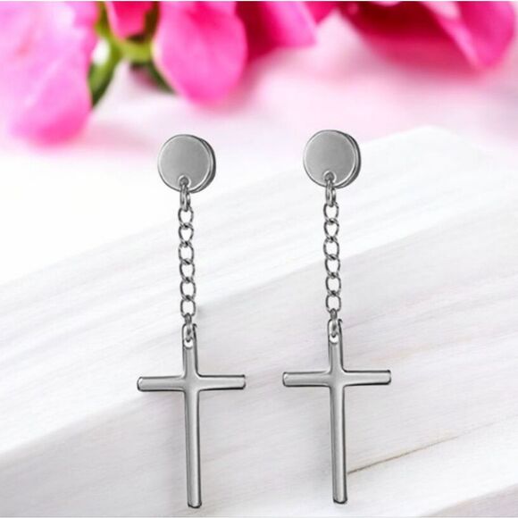 Dumbbell Cross Dangle Earrings Stainless Steel Pierced Unisex Gold Black Silver - Picture 4 of 9
